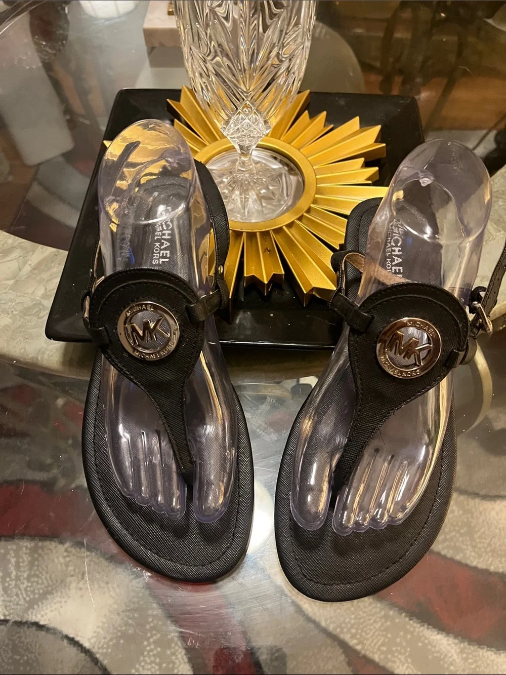 Michael Kors Black Logo Thong Sandals with Gold Medallion 💋